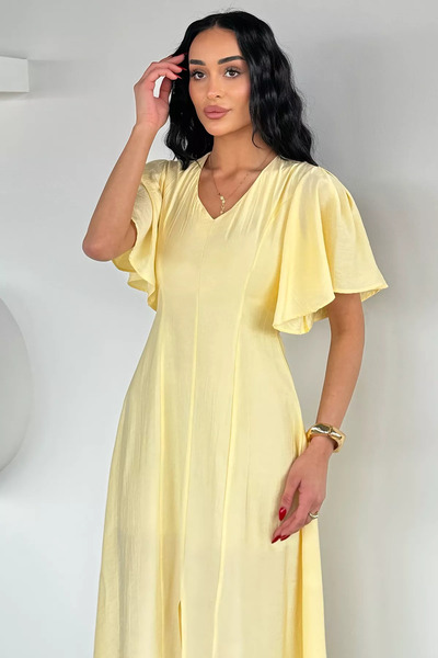 GÜLSELİ Yellow Women's V-Neck Dress with Slit Detail (the Product Is a Standa...