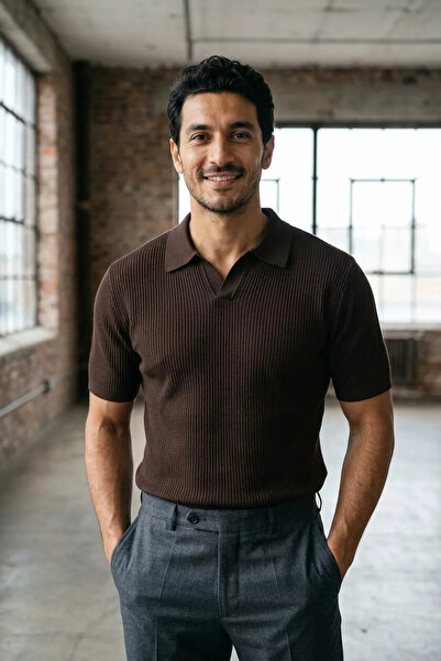GÜLSELİ Tricou maro pentru bărbați, cu gât polo, tricotaj cu model