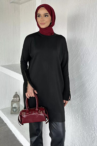 GÜLSELİ Black Sleeve Zipper Detailed Hijab Knitwear Tunic