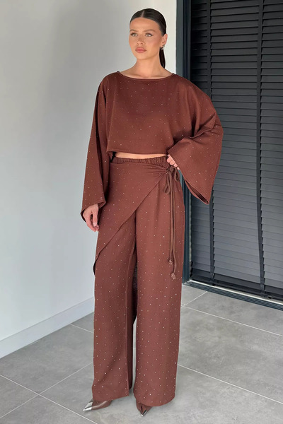GÜLSELİ Brown Women's Elastic Waist Stone Embroidered Pants with Scarf Accessory