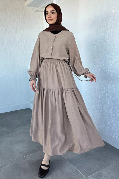 GÜLSELİ Beige Elastic Waist Lace-Up Blouse Skirt Hijab Double Set