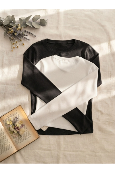 Haya Black and White 2-Piece Crew Neck Basic Ultra Soft 100% Cotton Long Slee...