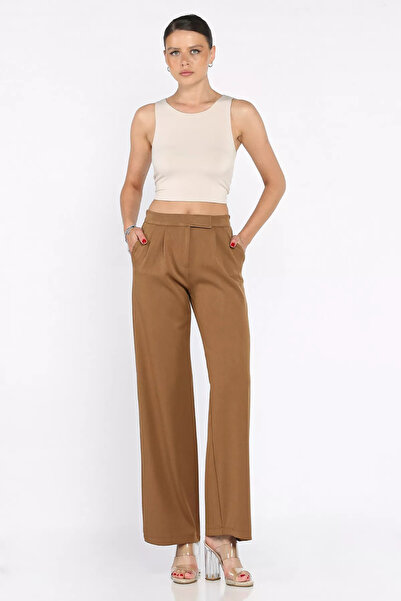 GÜLSELİ Pantaloni Palazzo cu velcro cu talie elastică pentru femei Camel