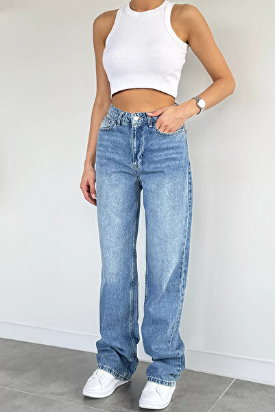 GÜLSELİ Blue Women's Casual Combination Loose-Legged Jean Denim Trousers