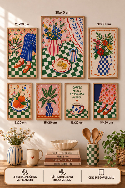 UNT 7'li Çerçeve Görünümlü Modern Tablo Seti | Retro & Pop Art | Salon, Ofis,...