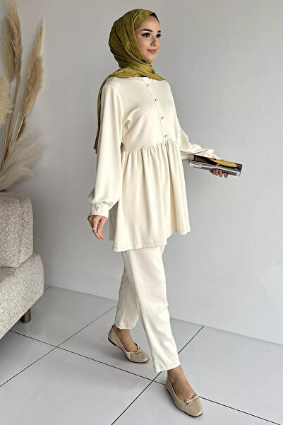 GÜLSELİ Ecru Women's Stoned Buttoned Frilly Tunic Trousers Hijab Double Set