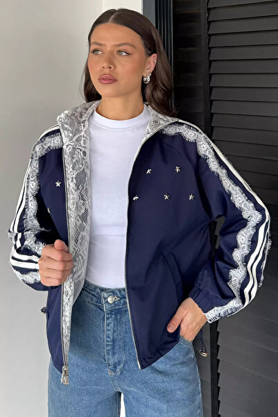 GÜLSELİ Navy Blue Double-Sided Wearable Style Coat with Lace Detail