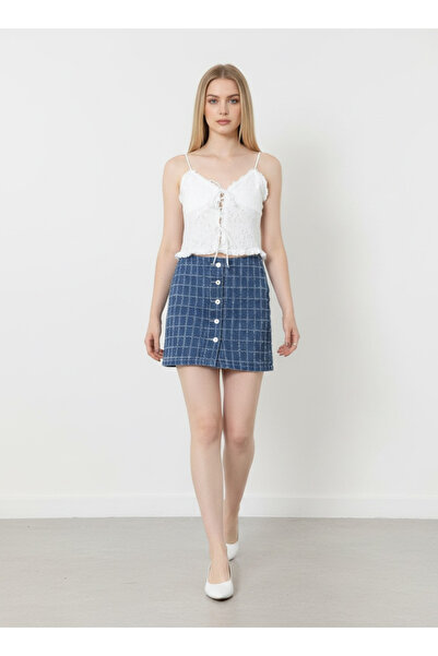 MARVİTA Kadın Mavi Dokulu Düğmeli Mini Denim Etek