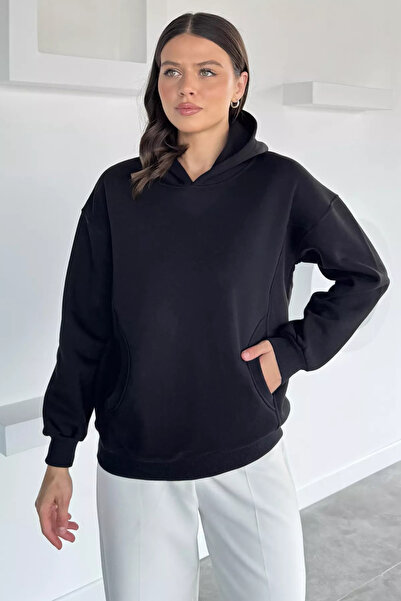 GÜLSELİ Black Women's Hooded Kangaroo Pocket Three Thread Sh Fleece-Lined Swe...