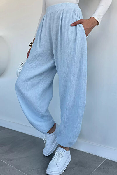 GÜLSELİ Blue Women's Muslin Fabric Shalwar Trousers