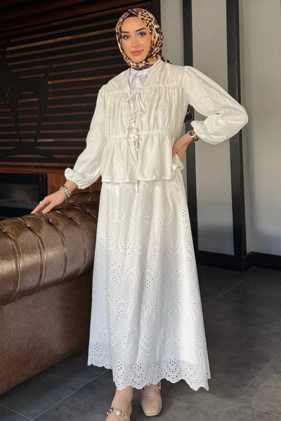 GÜLSELİ White Women's Front Tie Scalloped Blouse Skirt Hijab Double Set