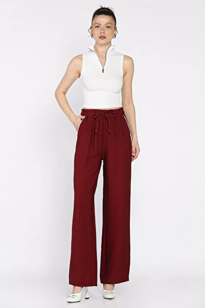 GÜLSELİ Burgundy Women's High Waist Pocket Stone Palazzo Trousers