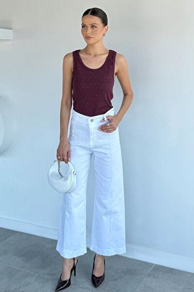 GÜLSELİ White Women's High Waist Front-Waist Lycra Palazzo Jean Denim Trousers