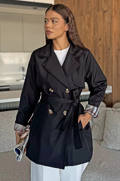 GÜLSELİ Black Women's Front Buttoned Waist Belted Trench Coat