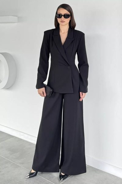 GÜLSELİ Black Women's Double-Breasted Collar Jacket Pants Look Jumpsuit