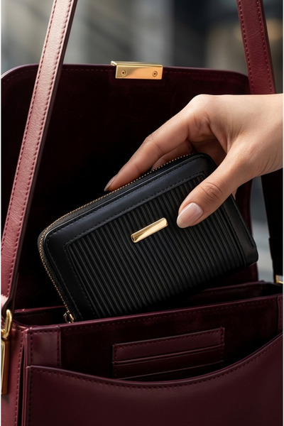Mazel Design Women's Faux Leather Vertical Striped Zippered Multi-Compartment...