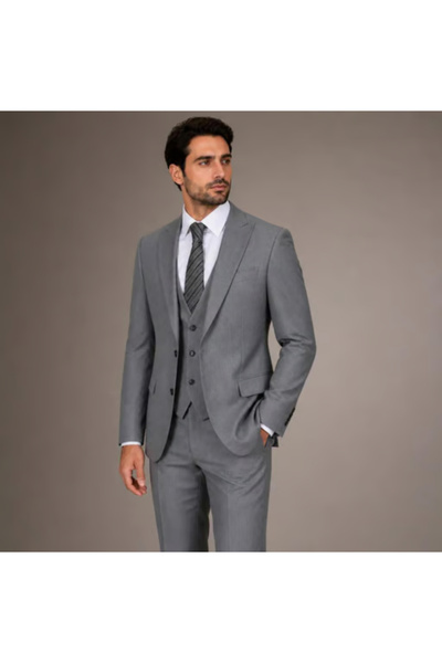 GUERRO Erkek Gri Slim Fit 6 Drop Takım Elbise – Ceket, Yelek, Gömlek, Pantolo...