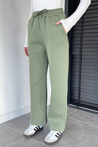 GÜLSELİ Light Khaki Women's Waist Lace-Up Three Thread Ribbed Wide Leg Palazz...