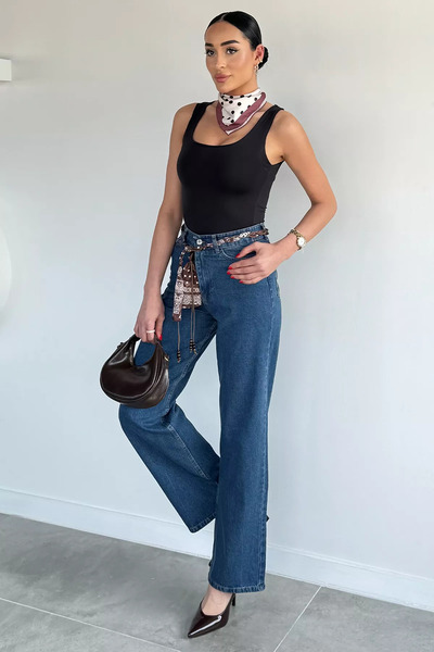 GÜLSELİ Pantaloni din denim Palazzo cu talie înaltă, albastru marin, pentru f...