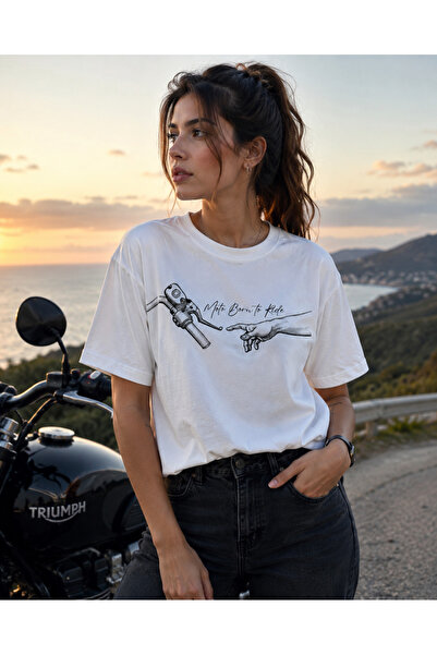 Unisex Moto Born To Ride Motorcu Baskılı Regular Fit Beyaz Bisiklet Yaka Tişört