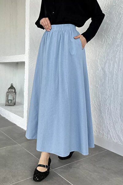 GÜLSELİ Fusta Hijab albastră cu buzunare elastice în talie