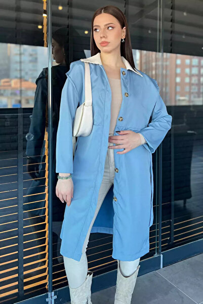 GÜLSELİ Blue Women's Shirt Collar Buttoned Belted Trench Coat