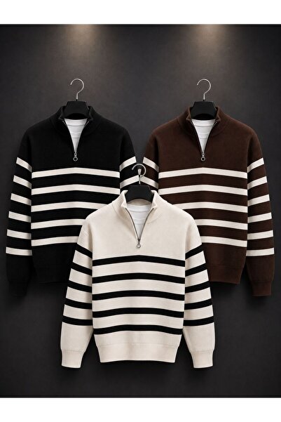 threeoff Men's Half Zipper Striped Knitwear Sweater Stand Collar Long Sleeve ...
