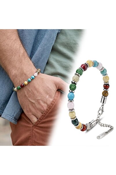 Mestore Mixed Natural Agate Stone Chakra Themed Adjustable Steel Bracelet 316...