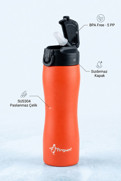 Penguen 750 ml Çelik Su Matarası Sporcu Matarası Çocuk Pipetli Çelik Suluk Sı...