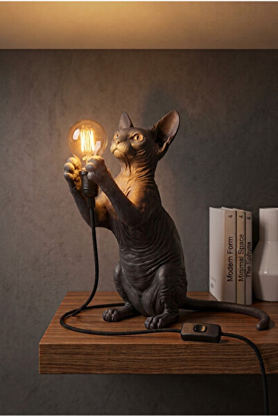 spira Dekoratif Siyah Sfenks Kedi Masa Lambası Modern Gece Lambası ve Abajur,...