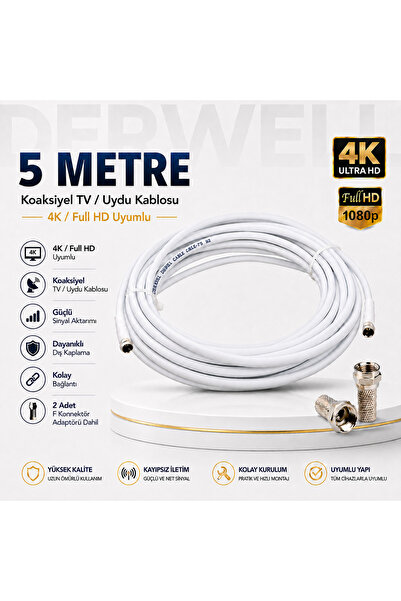 Derwell 5 Metre 4K Full HD Koaksiyel TV Uydu Anten Kablosu Seti - Güçlü Sinya...