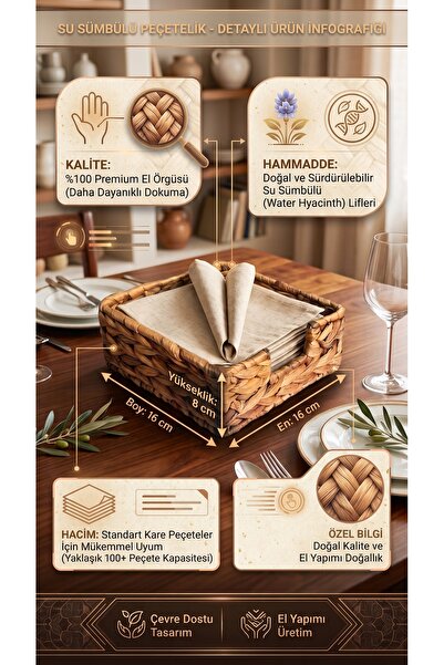 RİVO HOME DECOR 100% Natural Water Hyacinth Napkin Holder - Premium Hand-Knit...