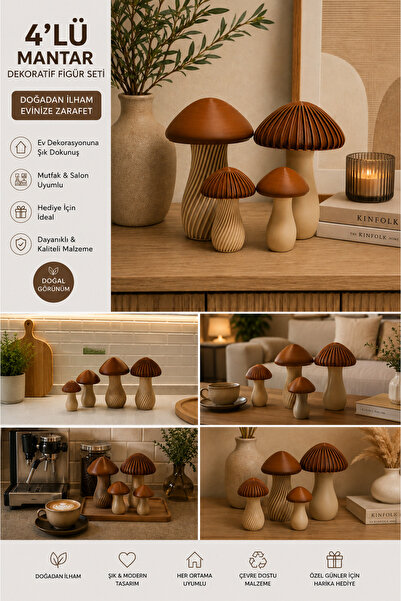 Linia Home 4’lü Dekoratif Mantar Figür Seti Kahverengi – Modern Biblo Seti – ...