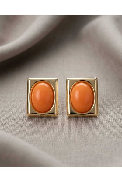ErHan Design Kadın Gold Renk Turuncu Taşlı Kare Çerçeveli Retro Vintage Çelik...