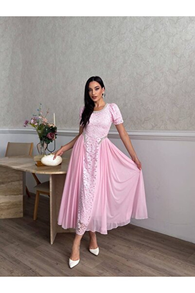 mafdress Kadın Pembe Üst Kısım Çiçek Desenli Bisiklet Yaka Beli Taş Detaylı K...