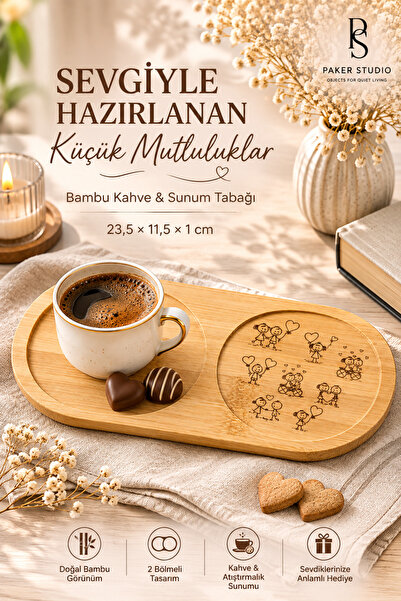 PakerStudio Paker Studio Mutlu Çizimler Bölmeli Lazer işlemeli Bambu Kahve Su...