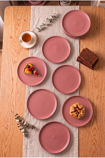 h homerest Pasta Tabağı 6 Kişilik Seramik Tatlı Sunum Seti 19.5 cm Pembe Yuva...