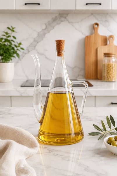 welcomein 1000 ML Cam Yağdanlık Zeytinyağı Şişesi Bambu Görünümlü Mantar Kapa...