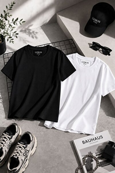 Lizbon Style Children's Set of 2 Black - White Crew Neck Basic Short Sleeve T...