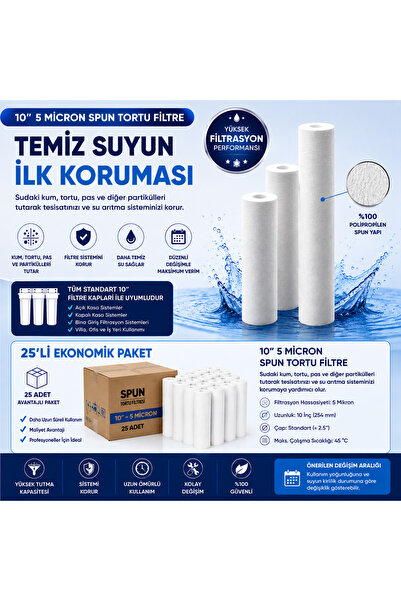 Açık Kasa Su Arıtma Cihazı Uyumlu 10'' Inch 5 Mikron Sediment Spun Filtre (25 ADET)