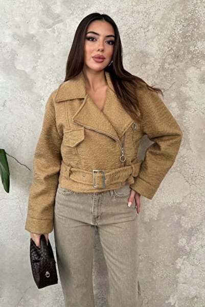 Elbee Fashion Woman Palton Camel cu ochiuri decorative
