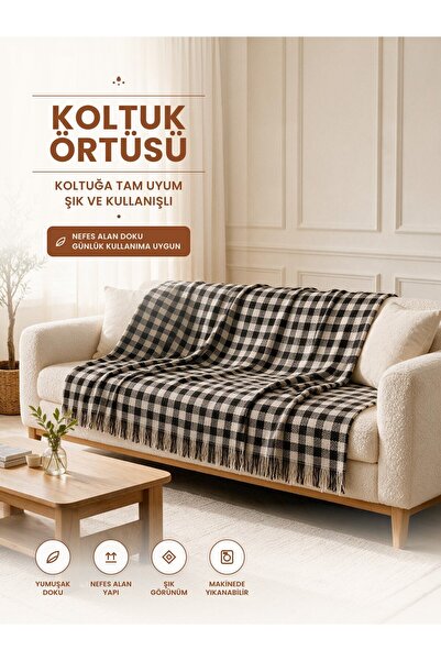 Binna Soft Koltuk Örtüsü 200x240 cm Püsküllü Çok Amaçlı Koltuk Şalı - Siyah Ekose