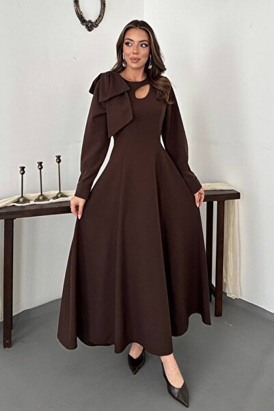 Elbee Fashion Woman Brown Front-Draped Shoulder Bow Dress