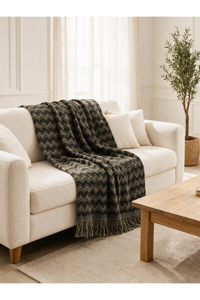 Binna Soft Koltuk Örtüsü 200x240 cm Püsküllü Çok Amaçlı Koltuk Şalı - Antrasit Haki