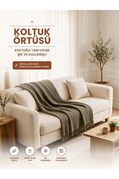 Binna Soft Koltuk Örtüsü 200x240 cm Püsküllü Çok Amaçlı Koltuk Şalı - Haki Petek
