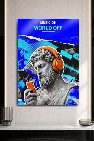 DekorHane Metal Baskı - Music On World Off Αρχαίο Γλυπτό με Πορτοκαλί Ακουστι...