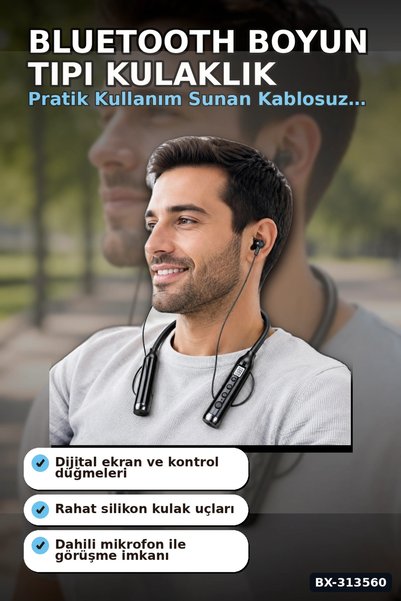 Eco Lounge Bluetooth V4.0 Boyun Tipi Kulaklık 10 Mt Menzilli Mikrofonlu Dijital Ekranli Kulak Ici BX-313560