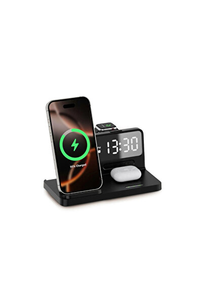 Universal Bix BXMW4 Alarmlı Saatli 15W 3in1 Kablosuz Şarj Standı (iPhone/AirPods Uyumlu) - Siyah