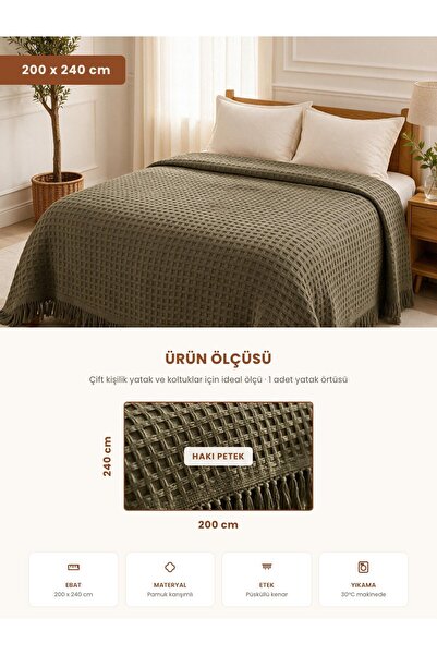 Binna Soft Çift Kişilik Yatak Örtüsü 200x240 cm Püsküllü Çok Amaçlı Pike - Haki Petek
