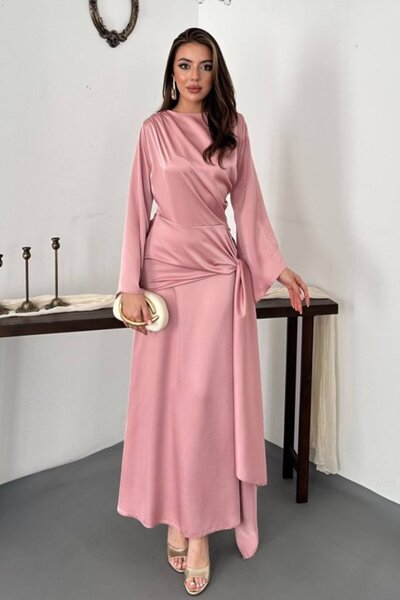Elbee Fashion Woman Powder Satin Dress with Side Ties